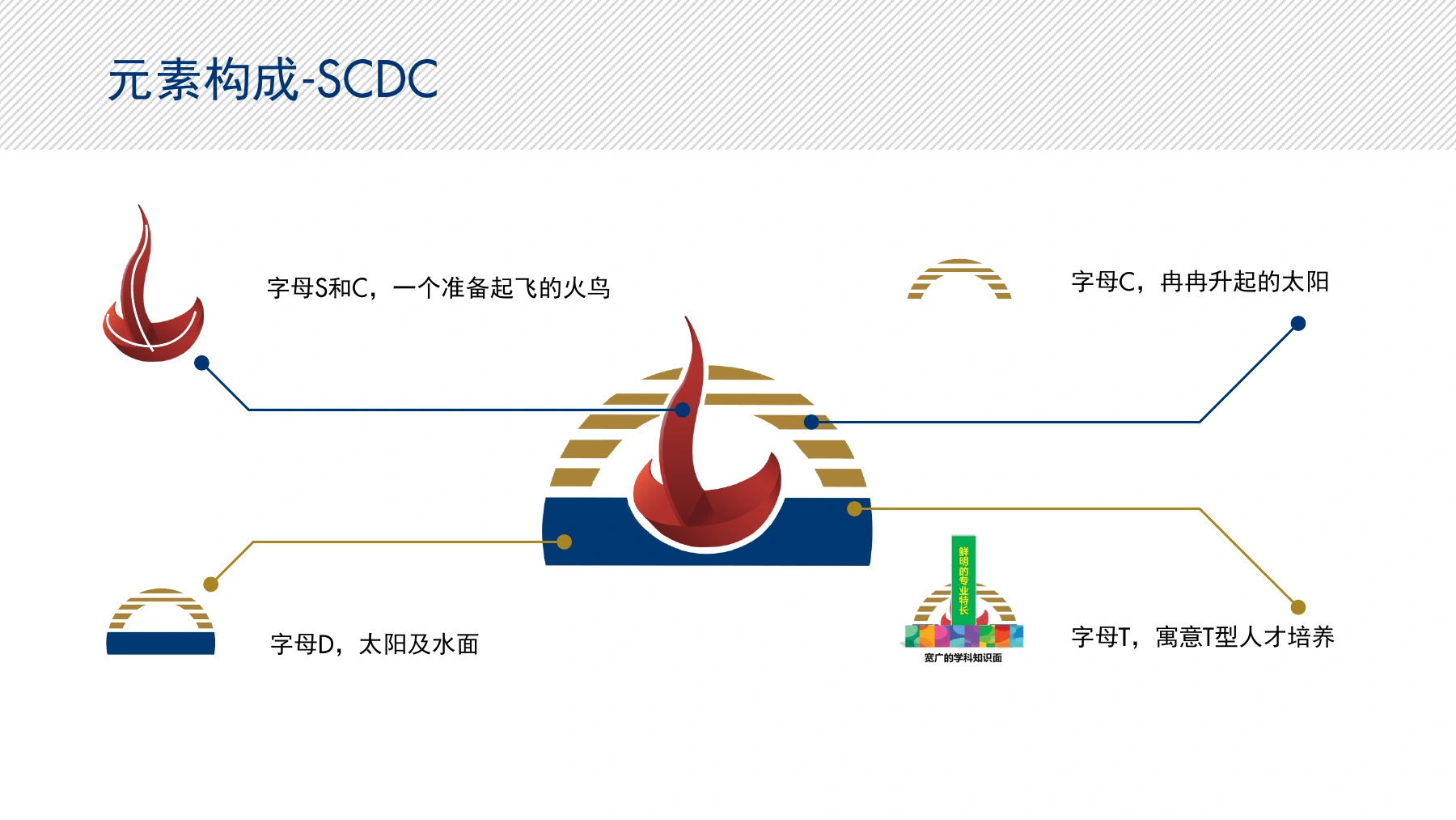 SCDC letterforms, Red Bird, sunrise and water in the identity construction
