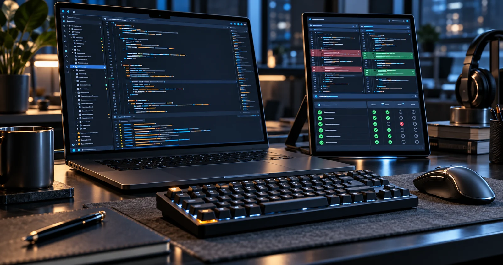 AI concept illustration of a coding workstation, code review and test interface