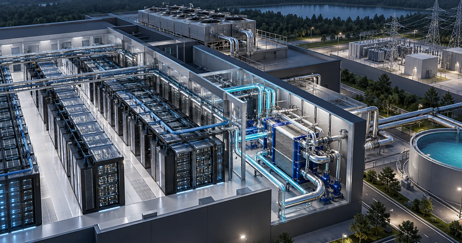 AI concept illustration of server racks, cooling circuits and external power infrastructure
