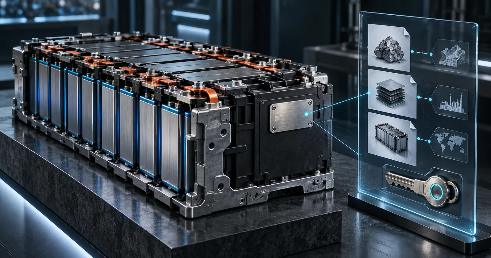 AI concept illustration of a battery module, identity marker, provenance records and authorised access