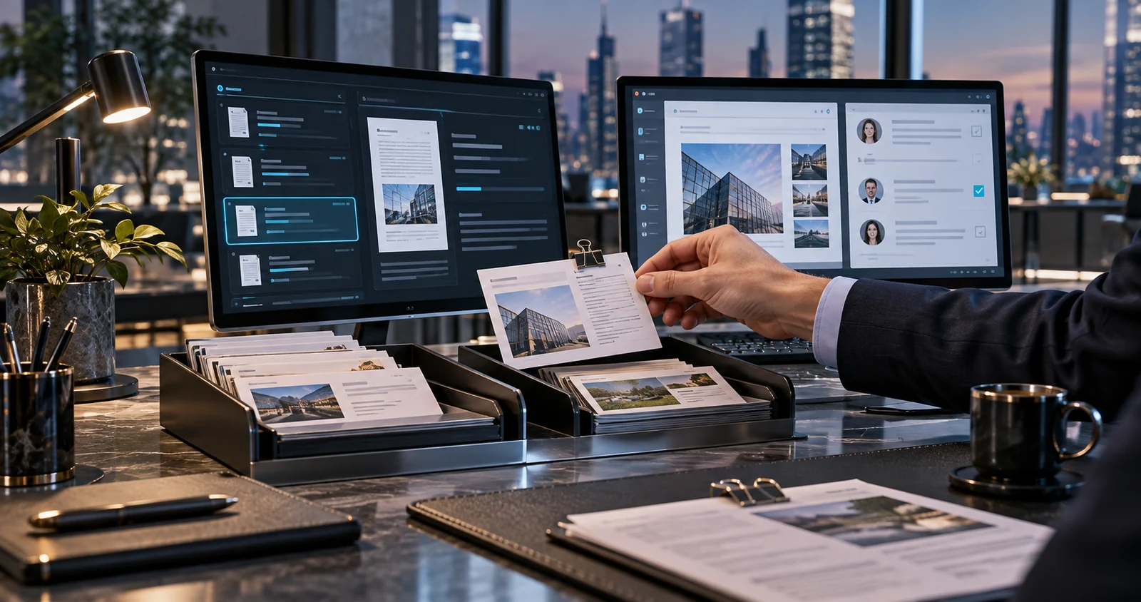 AI concept illustration of work documents, an AI-assisted task and a human review handoff