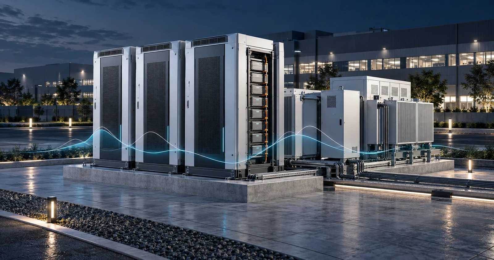 AI concept illustration of factory battery storage cabinets, power equipment and conceptual dispatch curves