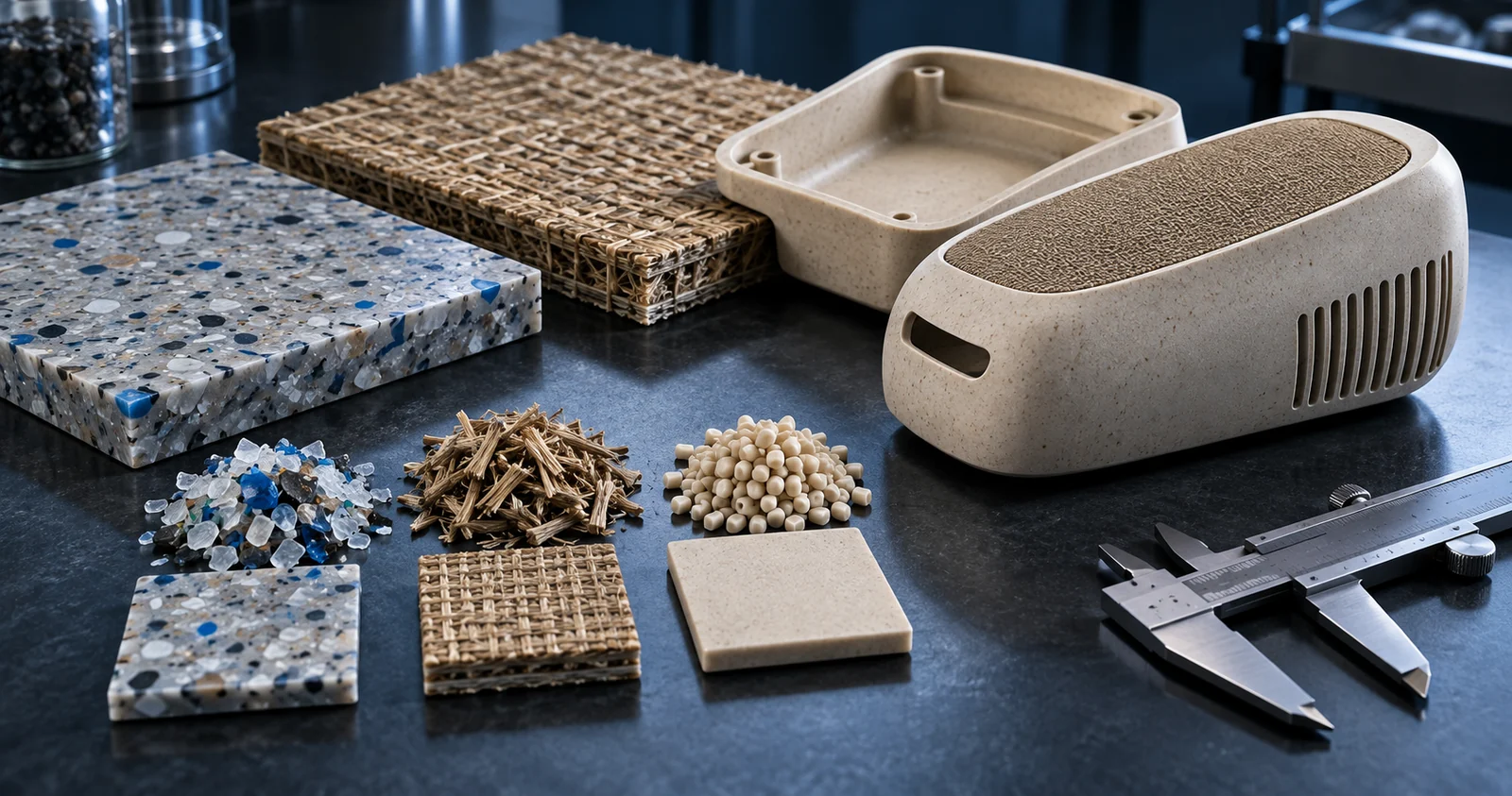 AI concept illustration of material specimens, recycled feedstock and a finished moulded housing