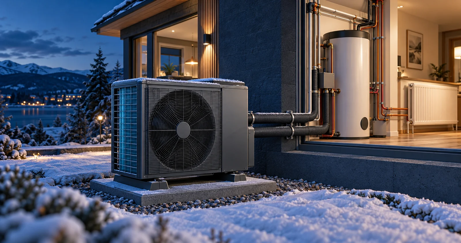 AI concept illustration of a home heat pump, insulated pipes and indoor water/heating equipment