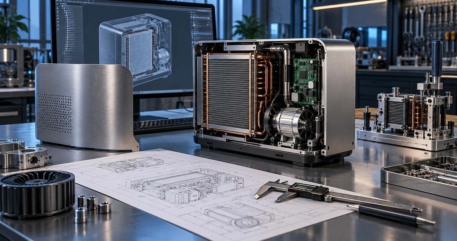 AI concept illustration of a green-product prototype, engineering components, design documents and manufacturing fixture