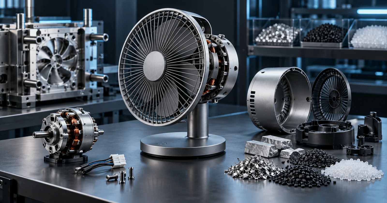 AI concept illustration of a modular fan, replacement parts, separated materials and manufacturing tooling
