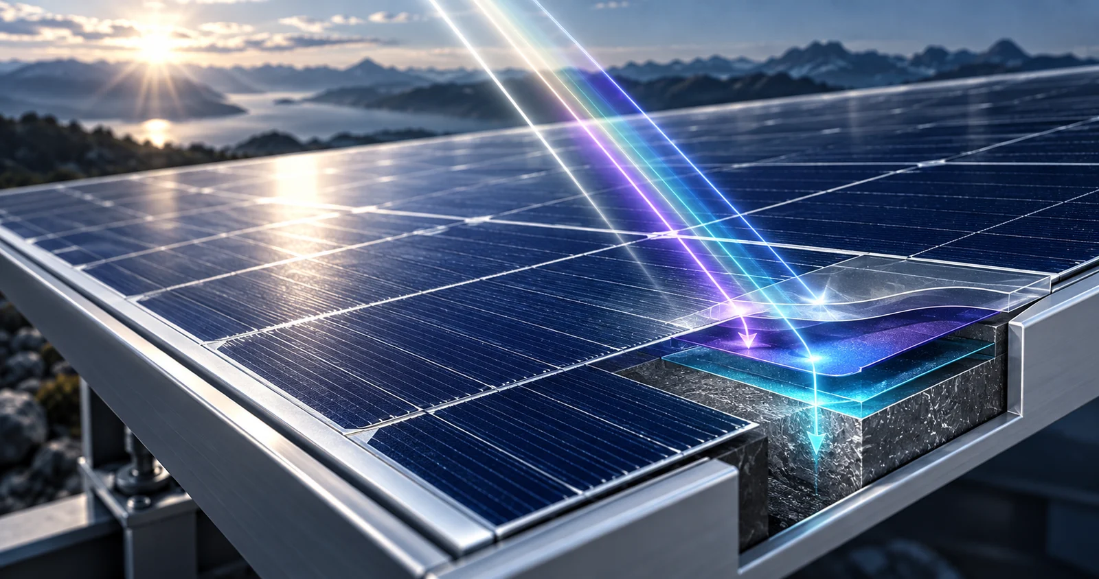 AI concept illustration of a photovoltaic module, tandem-layer cutaway and conceptual light paths; not to scale