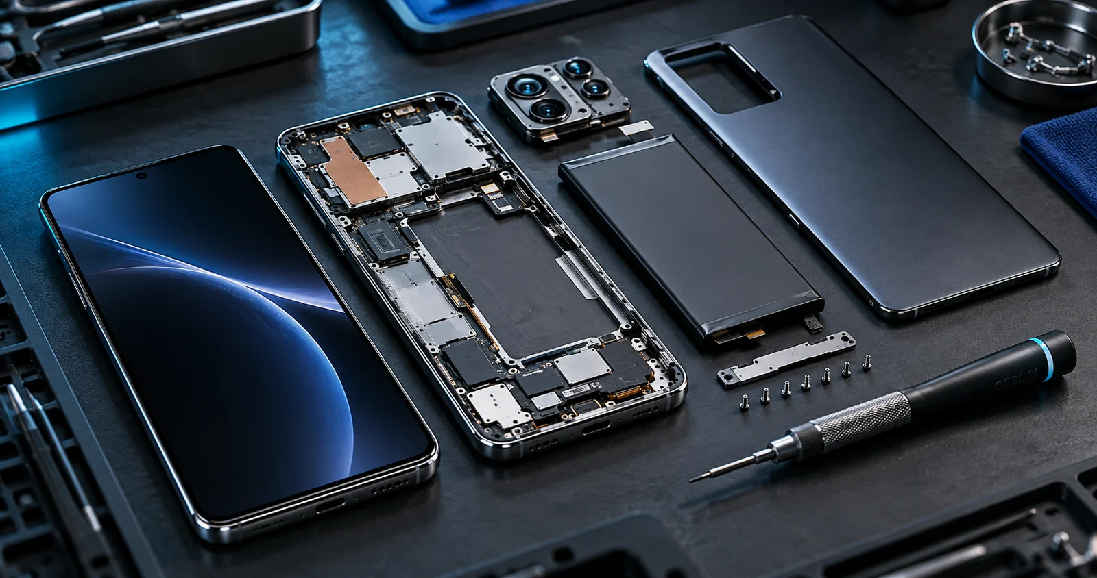 AI concept illustration of a disassembled phone, battery, enclosure and precision repair tool