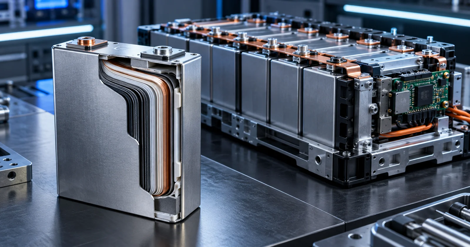 AI concept illustration of a cell cross-section, battery module and management circuitry; not measured performance