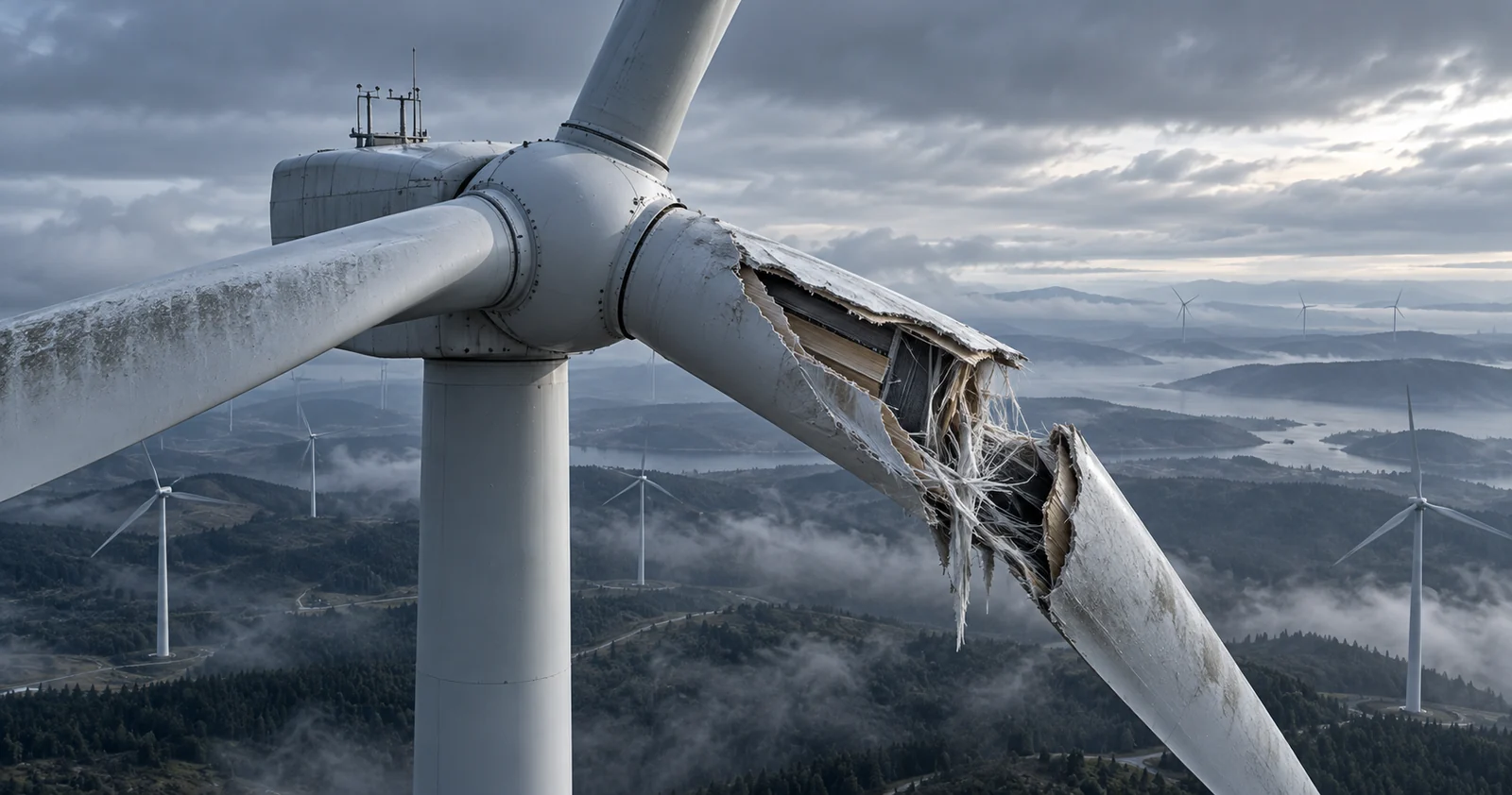 AI concept illustration of a wind turbine with a fractured composite blade in a wind farm; not a real accident photograph
