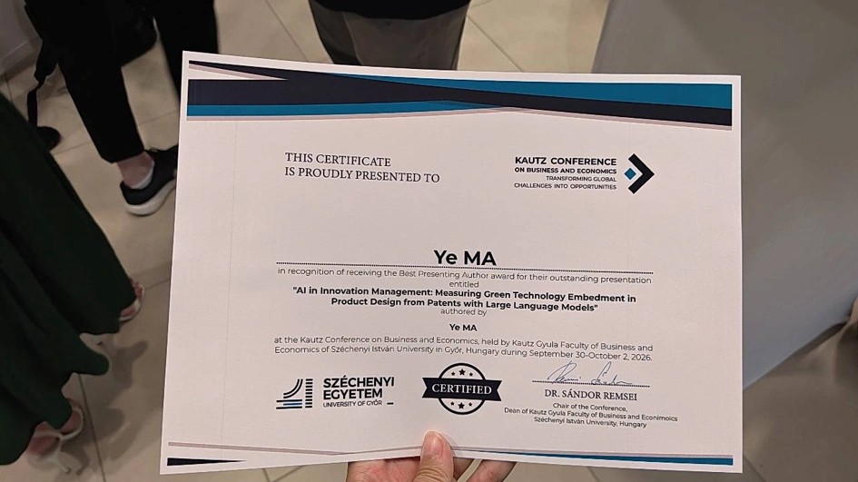 Kautz 2026 Best Presenting Author award certificate, issued to Ye MA