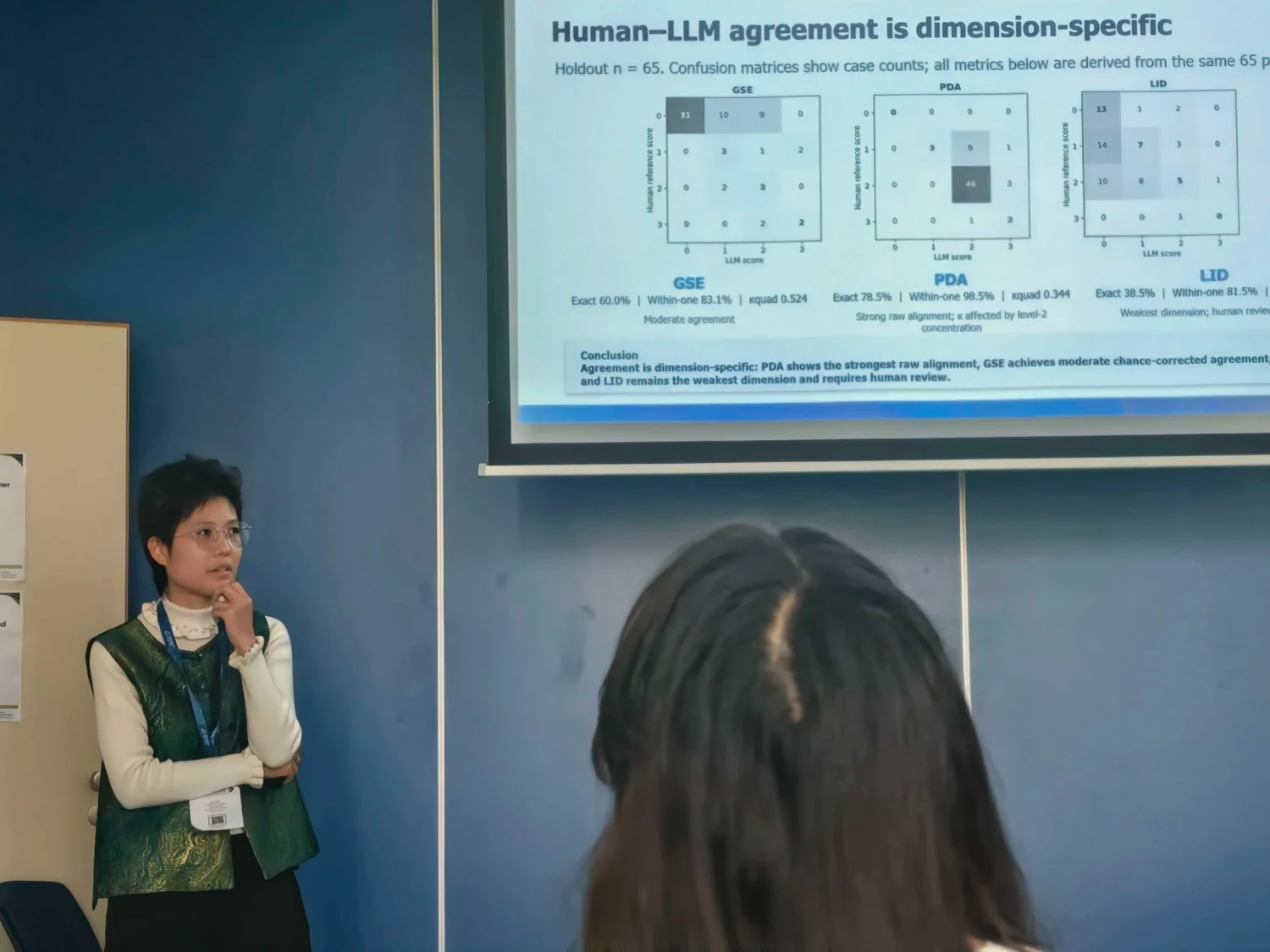 Ma Ye presenting human–LLM agreement analysis
