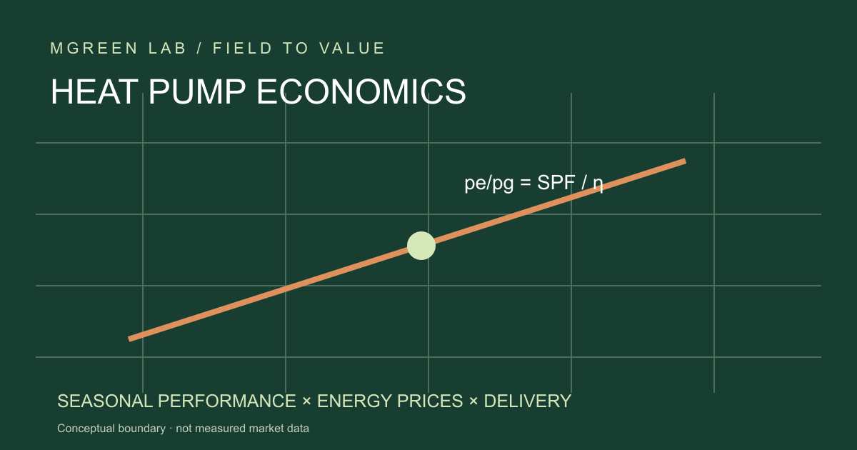 Original heat-pump economics diagram: seasonal performance, energy-price ratio and delivery cost shape the heating bill